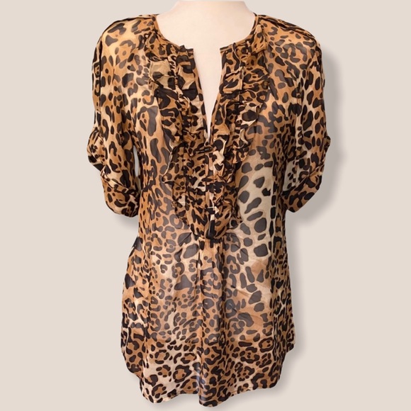 Nanette Lepore Leopard Ruffle Silk Keyhole Blouse - Picture 1 of 5
